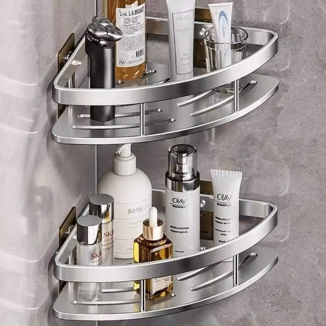 VOGREX 2-Piece Self-Adhesive Aluminium Corner Shower Caddy in Silver – 1