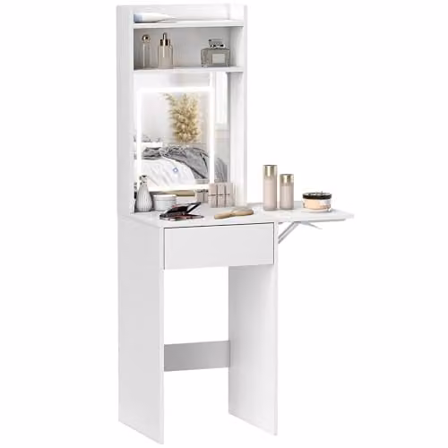 HOMCOM Modern White Drop Leaf Dressing Table with LED Hollywood Mirror and Storage Shelves W/D/H: 100 x 45 x 152 cm – 1