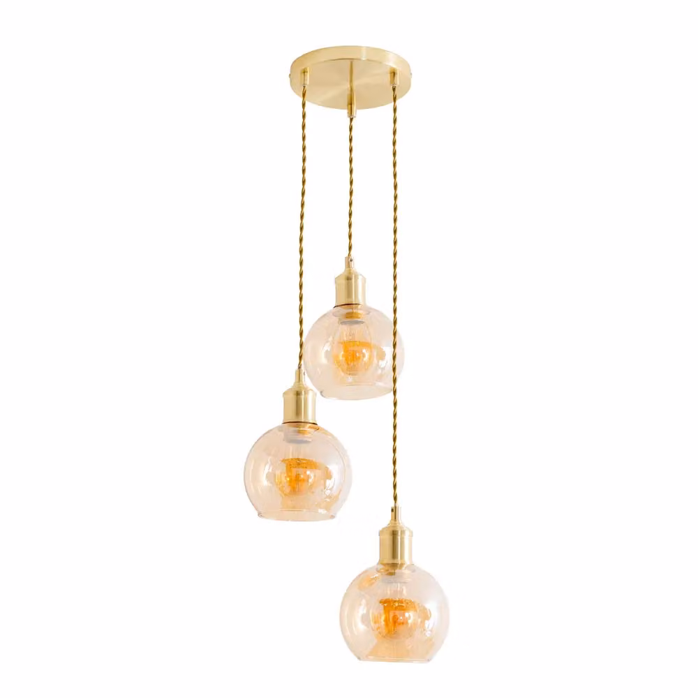 ValueLights Bellamy 3 Drop Cluster Amber Glass Globe Ceiling Pendant Light in Gold/Brass – 2
