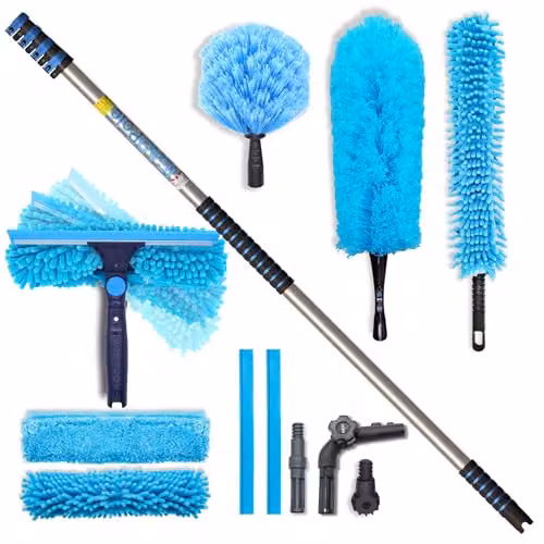 IGAD 17ft All-in-One Window Washing and Dusting Kit in White and Blue with Telescopic Handle and Microfibre Attachments