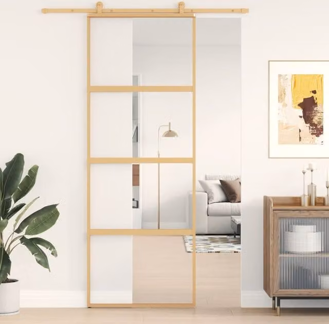 Berkfield Home Modern Sliding Door in Gold with Clear ESG Glass and Aluminium, W: 76 cm, H: 205 cm