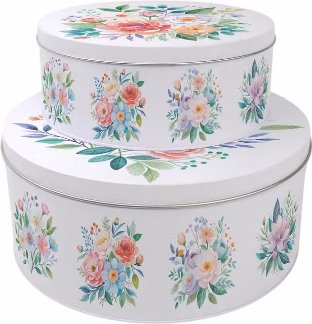 Purely Home Round Floral Bouquet Cake Tin Set in Multicoloured and White