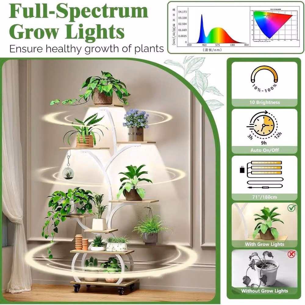 Kelvenix 8-Tier Tall Indoor Plant Stand with Grow Lights in Brown Oak Finish, H 127.0 cm x W 68.0 cm x D 30.0 cm – 3