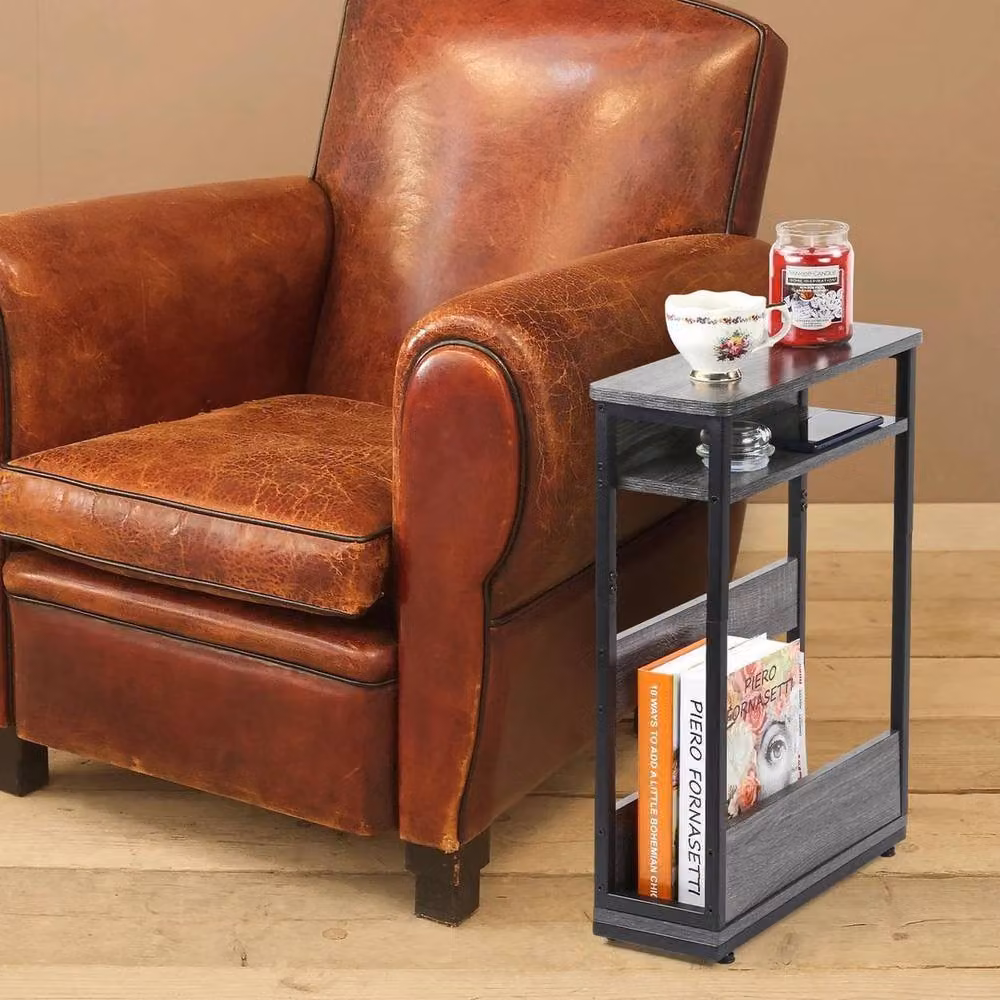 VOGREX 3-Tier Narrow Side End Table with Storage Shelf in Grey – 4