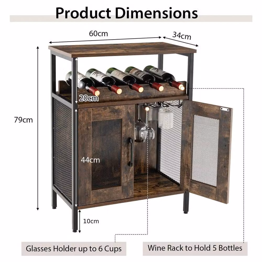 VOGREX Industrial Kitchen Sideboard Wine Cabinet and Glass Holder in Brown – 2