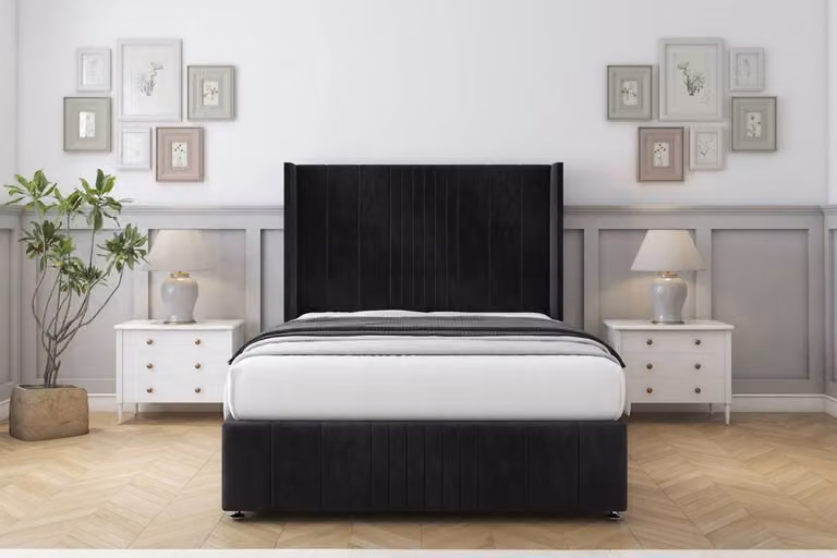 Sloomy Hargrave Naples Small Double Divan Set with Black Wingback Headboard and Footboard, W/D/H: 120 x 200 cm