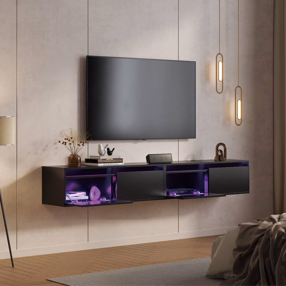 KEEPREAPER Set of 2 Floating TV Stands for 55-85 inch TVs with 2 Flip-Down Doors and LED Lighting in Black – 4