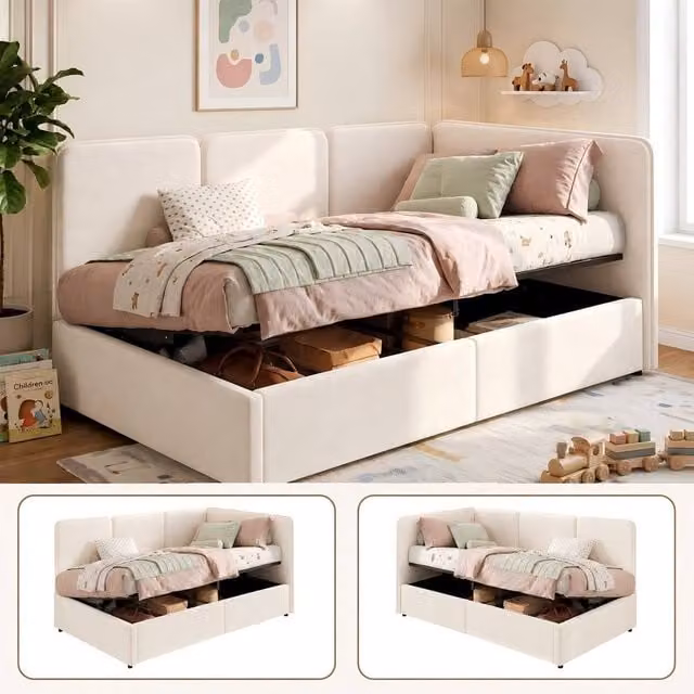 ModernLuxe Single Velvet Upholstered Ottoman Daybed with Reversible Asymmetric Chaise in Beige, W/D/H: 90 x 190 x 76.5 cm