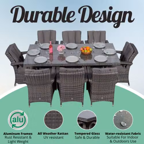 Thats Furniture Arizona 8 Seater Rattan Garden Dining Set in Grey and Brown with Metal Frame – 3