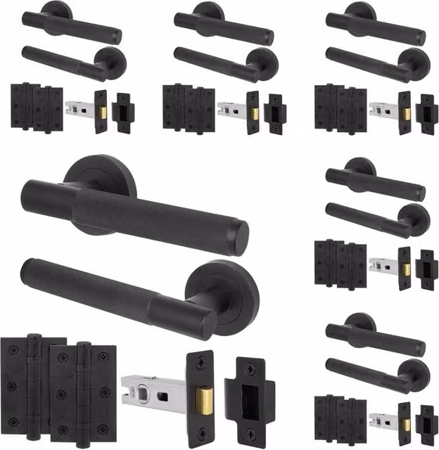 AFIT Matt Black Knurled Door Handles and Rose Latch Kit with Hinges, 6 Pairs, W/D/H: 15.0 x 15.0 x 15.0 cm