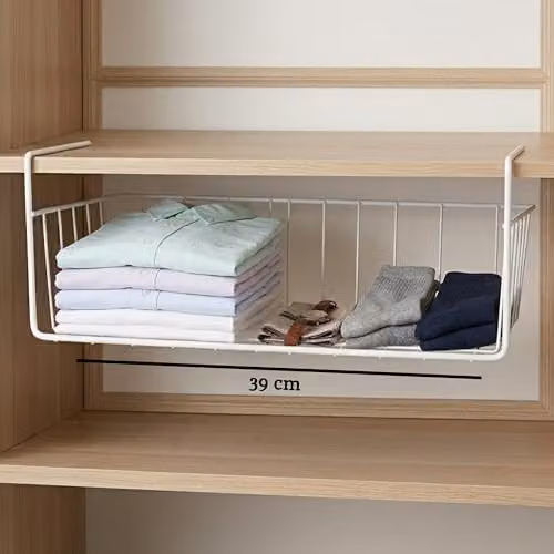 Orsina White Mesh Under Shelf Hanging Storage Basket, Metal Wire Organizer for Kitchen, Living Room or Bathroom, W: 39 cm x D: 26 cm x H: 14 cm – 2