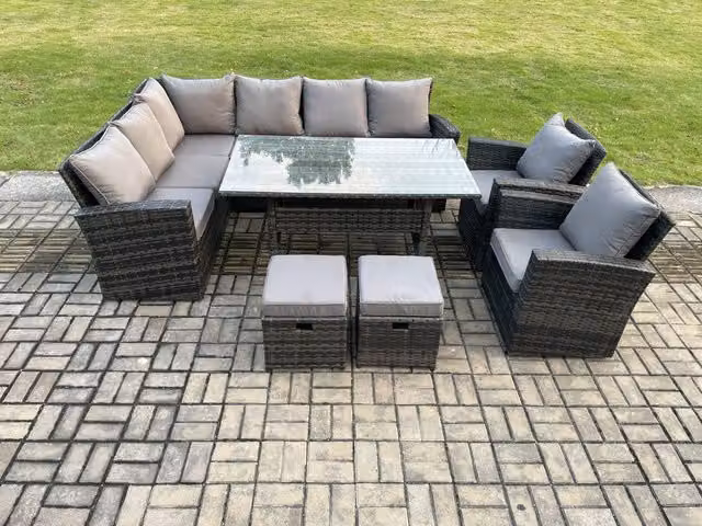 Fimous 10 Seater Garden Rattan Corner Dining Set with 2 Footstools and Armchairs in Dark Grey Mixed