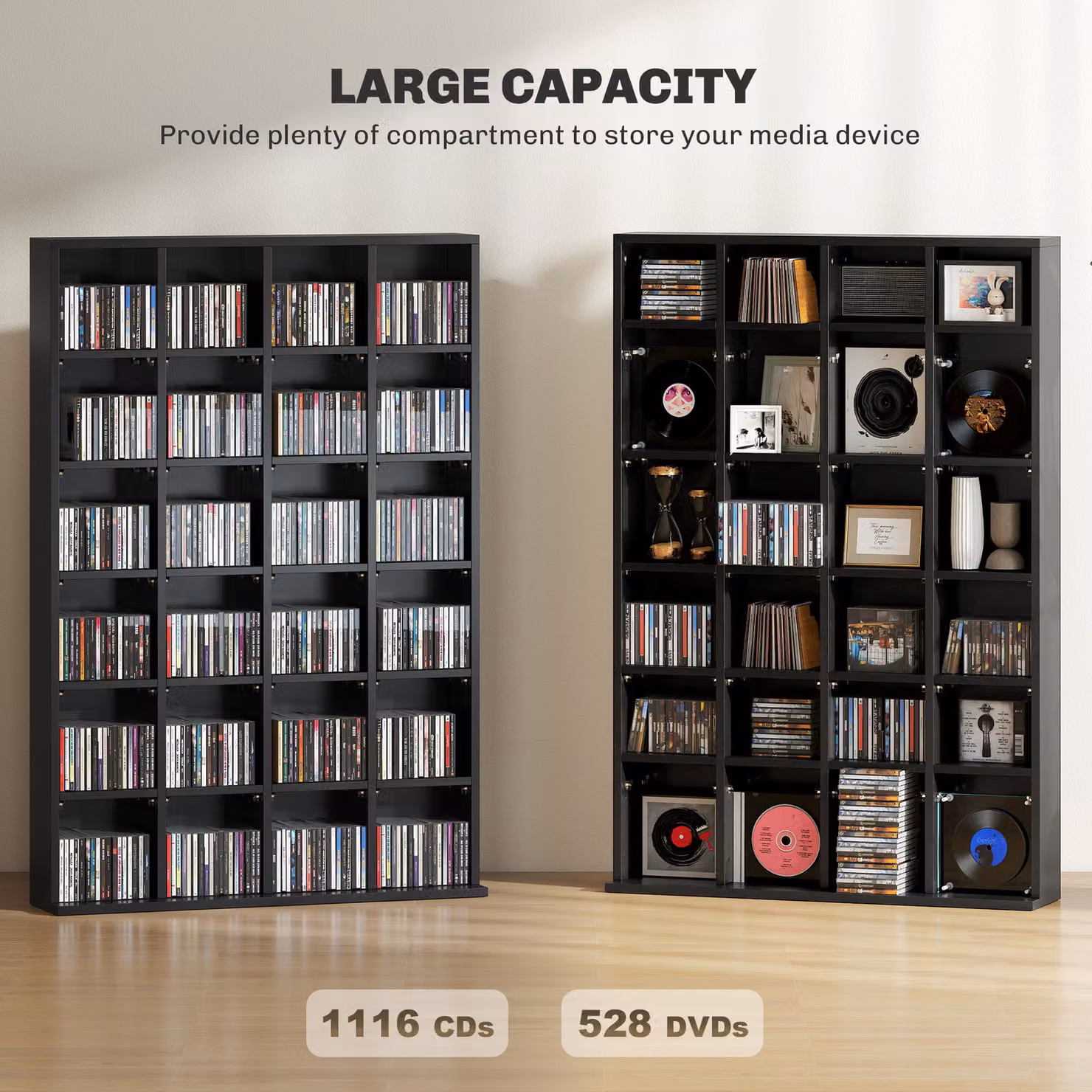 HOMCOM Modern Black CD Storage Unit with Adjustable Shelves and Media Compartments, W: 89 cm, H: 130.5 cm – 4