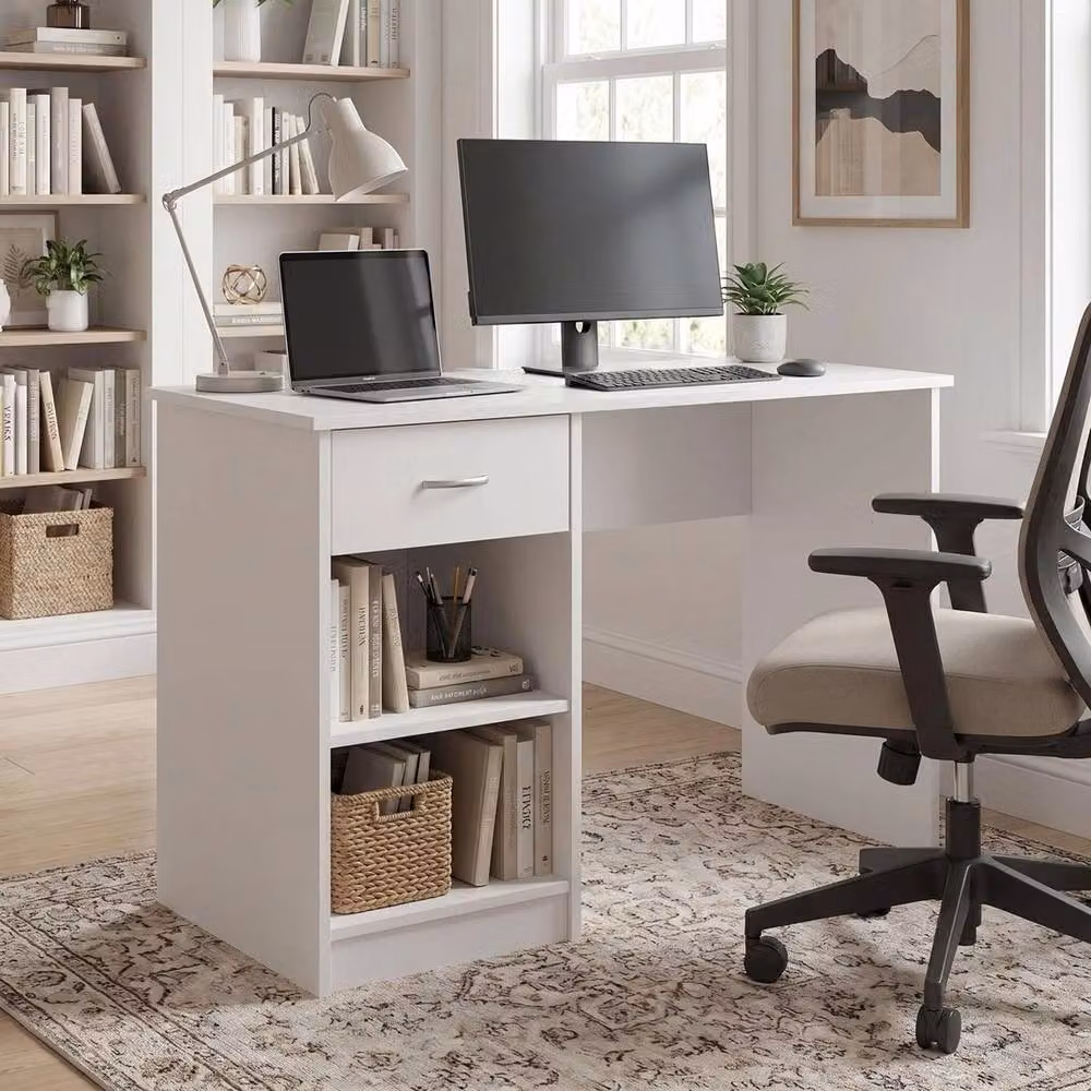 VOGREX White Modern Dressing Table and Writing Desk with 1 Drawer and 2 Shelves – 3