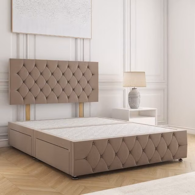 BSSPOKE Mulberry Double Divan Bed in Bronze Velvet with 24 inch Headboard and 2 Drawers, W/D/H: 140 x 200 cm