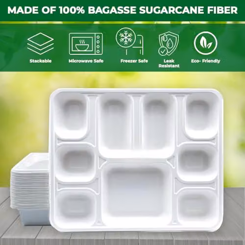 ECONX 9 Compartment Biodegradable Bagasse Plates, White, 50 Pieces – 3
