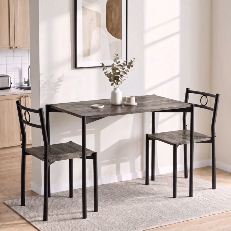 DHS Industrial Rectangular Dining Table and 2 Chairs Set in Brown and White Wood and Metal