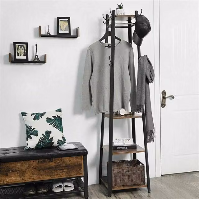 Nordara Industrial Hall Tree Bench with 8 Hooks and Shoe Storage Shelf in Black