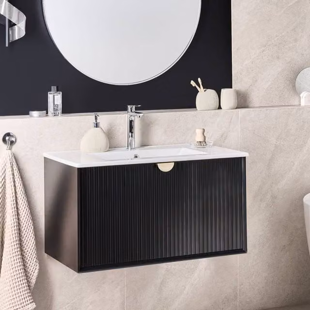 Wyld and Coco Black Lacquered Wood Wall Mounted Vanity with Built In Basin W: 80 cm, D: 43 cm – 1