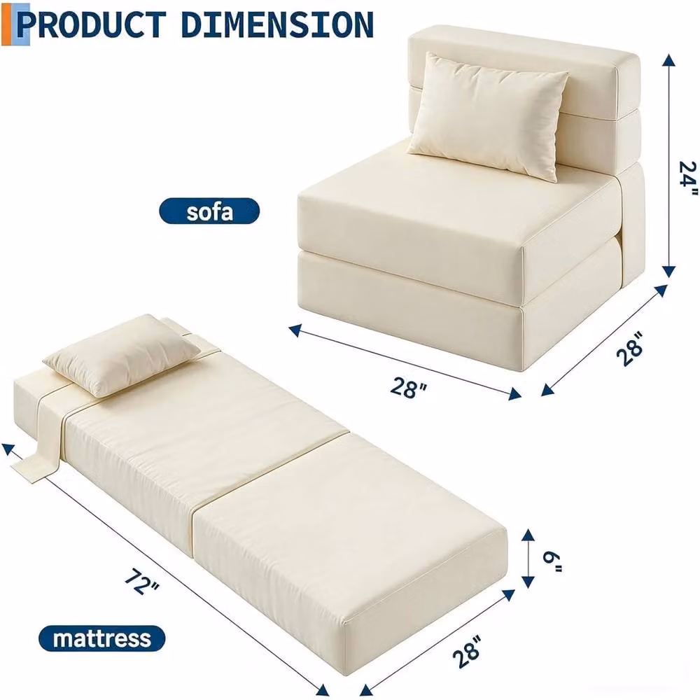 VOGREX 4-Fold Convertible Sleeper Chair Futon Sofa Bed with Armrests in Beige – 2