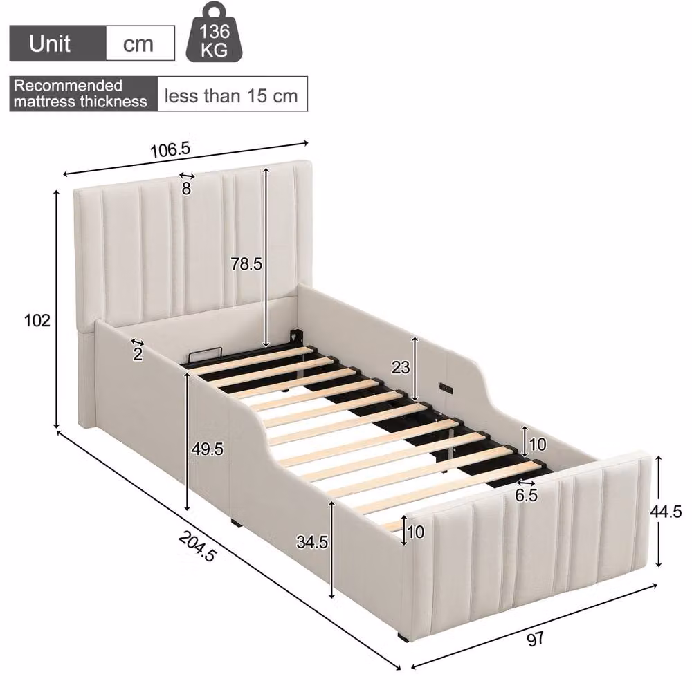 STILVORA Single Upholstered Bed with Hydraulic Lift-Up Storage in Beige, W/D/H: 90 x 190 cm – 2