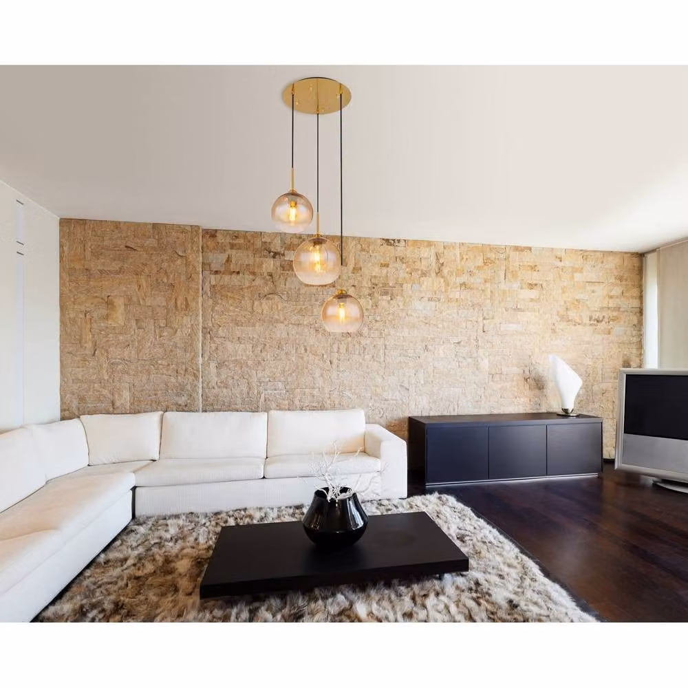 Netlighting Jamessa Cluster Pendant Light with Amber Glass Shades and Brass Finish, 3x E27 – 3