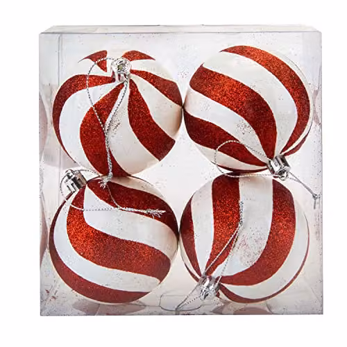 VFM Red and White Striped Candy Cane Baubles, 4 Pack, Diameter: 8 cm – 3