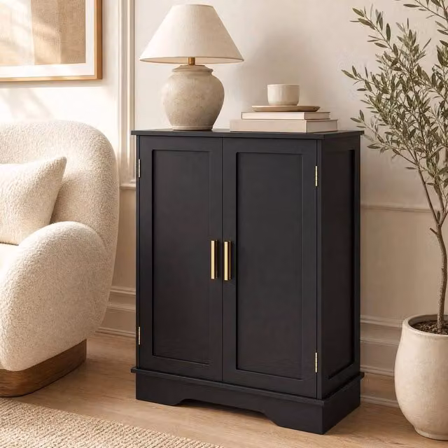 EONLION Modern Black and Gold Freestanding Bathroom Storage Cabinet with Hinged Doors and Internal Shelves – 1