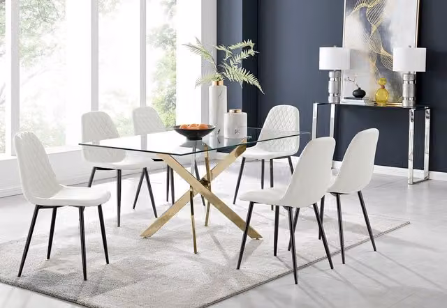 FurnitureboxUK Leonardo White Glass Rectangular Dining Table with Six Corona Black Leg Chairs W/D/H: 150 x 90 x 75 cm