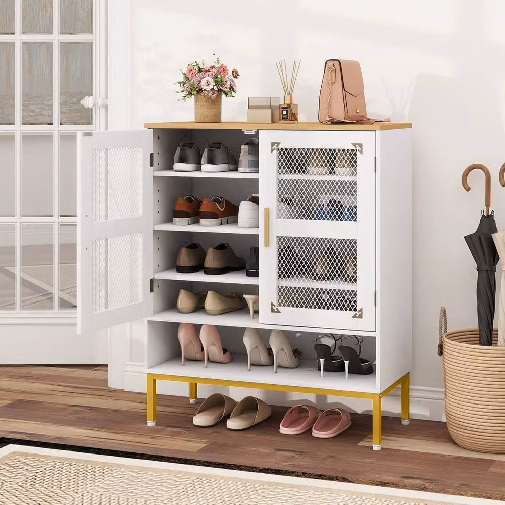 VOGREX 5-Tier Modern White Wooden Shoe Cabinet with Ventilation and Glass Doors – 4
