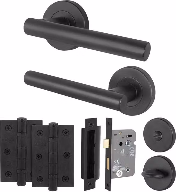 AFIT Black T-Bar Bathroom Door Handle Set with WC Lock and Hinges, W/D/H: 15.0 x 15.0 x 15.0 cm – 1