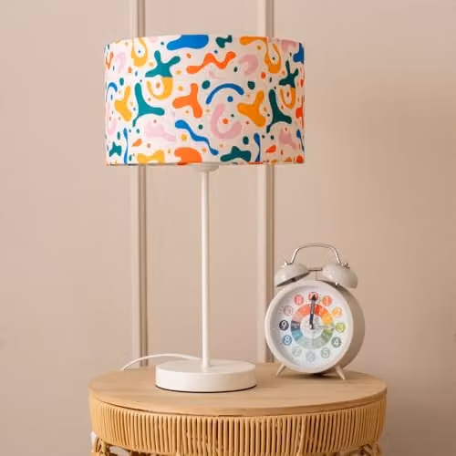 ValueLights White Metal Single Stem Table Lamp with Multicolour Kids Abstract Drum Lampshade and Included LED Bulb – 2