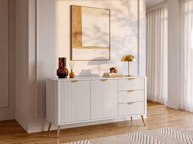Vente-unique ELONARIA Modern MDF Sideboard with 2 Doors and 3 Drawers in Beige and Gold