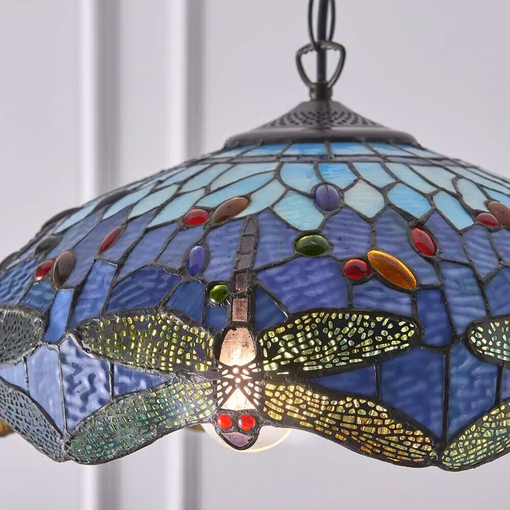 Loops Tiffany Glass Blue Dragonfly 3 Lamp Hanging Ceiling Pendant Light in Multicolour and Bronze – 2