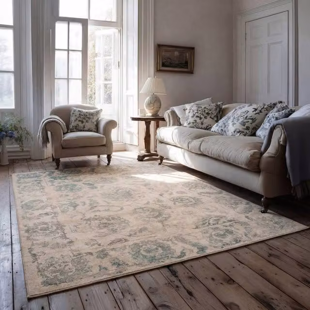 Kukoon Floral Distressed Machine Washable Living Room Area Rug in Green, Beige and Petrol, W: 200 cm, D: 290 cm