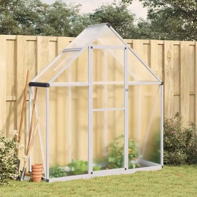Berkfield Home Aluminium Greenhouse with Polycarbonate Panels and Base Frame, Silver, W/D/H: 169 x 58 x 195 cm
