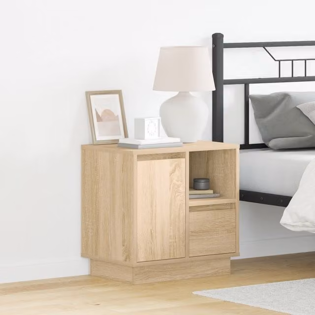 Berkfield Home Set of 2 Sonoma Oak Bedside Cabinets with Integrated LED Lighting in Beige, W/D/H: 50 x 34.5 x 50 cm