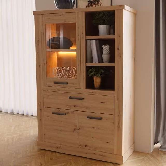 Furniture To Go Corona Display Cabinet in Brown Oak with LED Lighting and Glass Doors