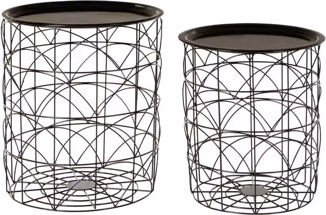 Interiors by Premier Orsina Set of 2 Black Metal Nest of Round Side Tables with Black Tops