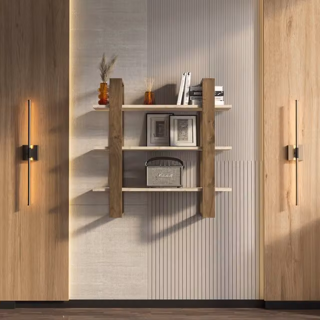 Decorotika Suno 3-tier Wall Mounted Shelf in Brown Wood and Stone