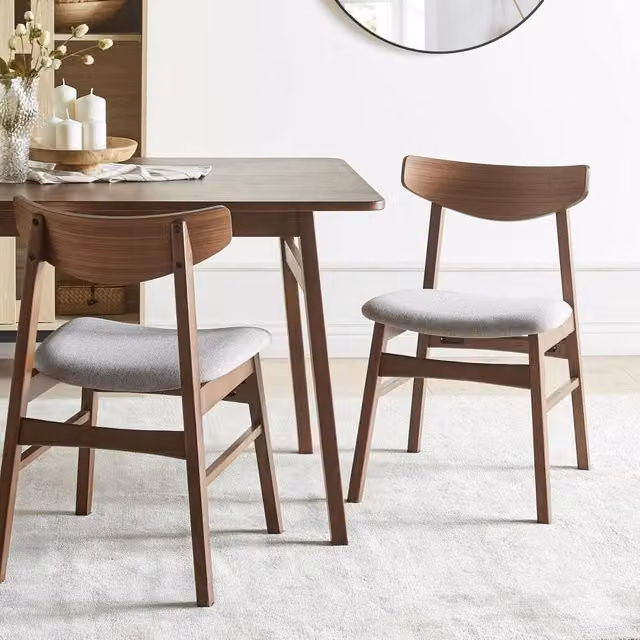 Wyld and Coco Set of 2 Retro Armless Dining Chairs in Brown Rubberwood with Grey Fabric