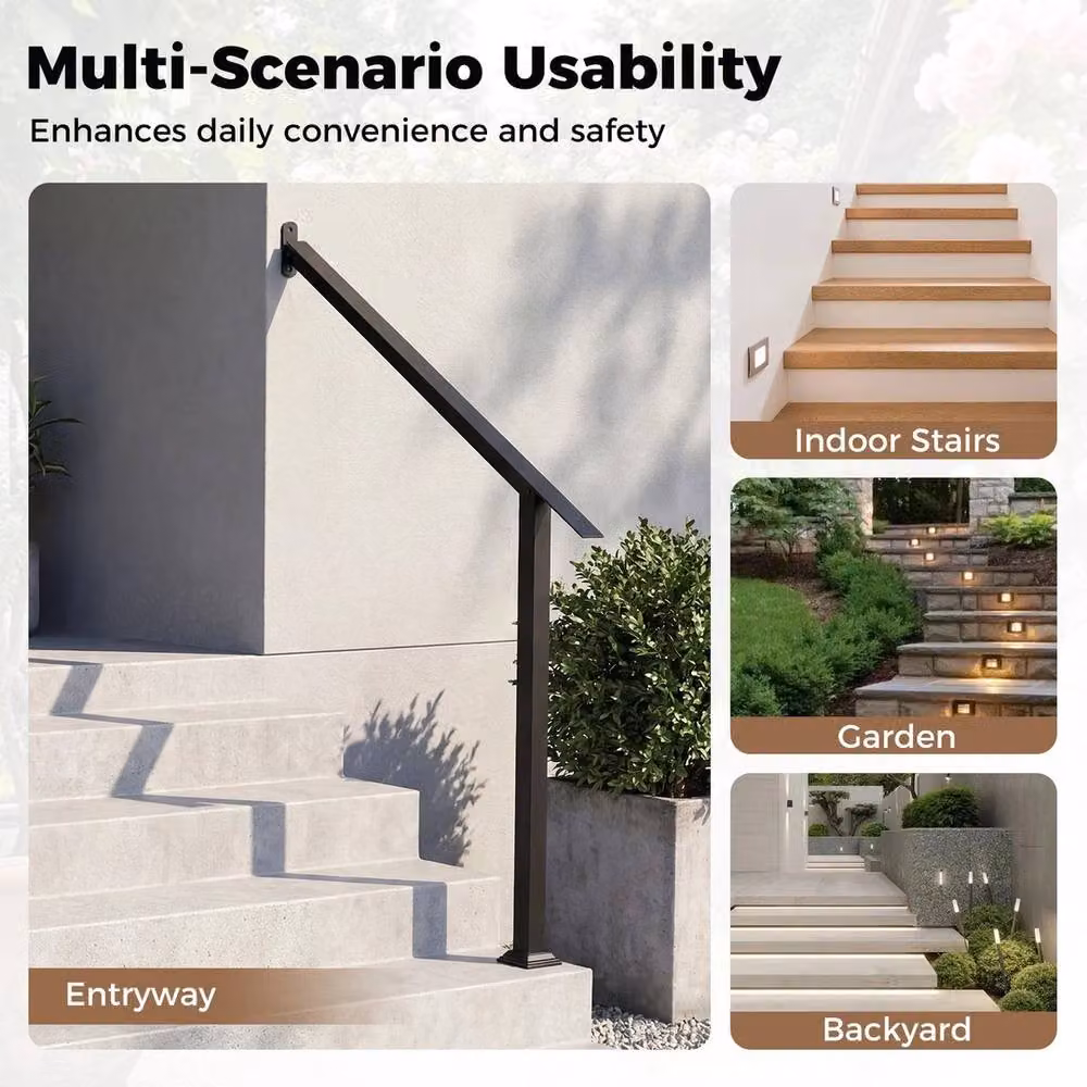 VOGREX Black Galvanised Steel 4-Step Wall Mounted Outdoor Stair Handrail – 4