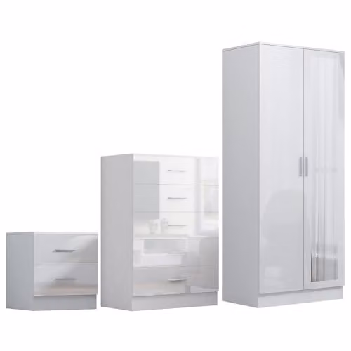 Reflect Modern Bedroom Furniture Set in White Gloss and Matt White Finish, including 2 Door Mirror Wardrobe, 5 Drawer Tallboy Chest and 2 Drawer Bedside Table – 2