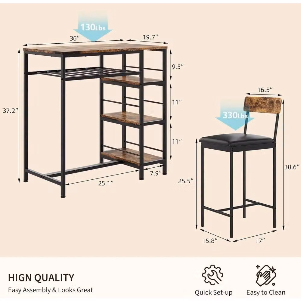 VOGREX 3-Piece Modern Dining Table Set with 2 Upholstered Bar Stools in Brown – 2
