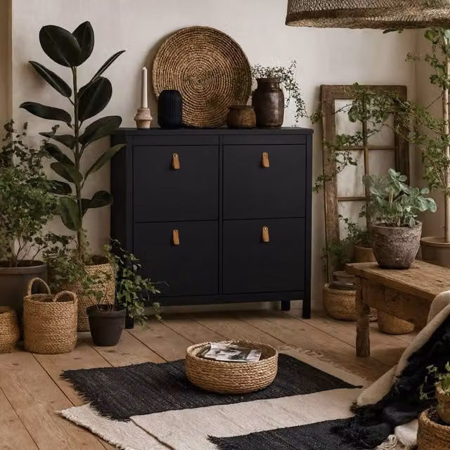 Wyld Haus Wyldberry Matt Black Shoe Cabinet with 4 Tilting Compartments and Leather Handles