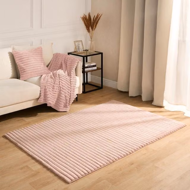OHS Faux Fur Ribbed Anti-Slip Rectangular Floor Mat Rug in Pink, Width: 120 cm