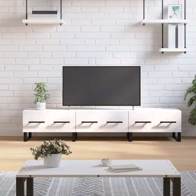 Berkfield Home Modern White TV Cabinet in Matt MDF and Metal, W/D/H: 150 x 36 x 30 cm