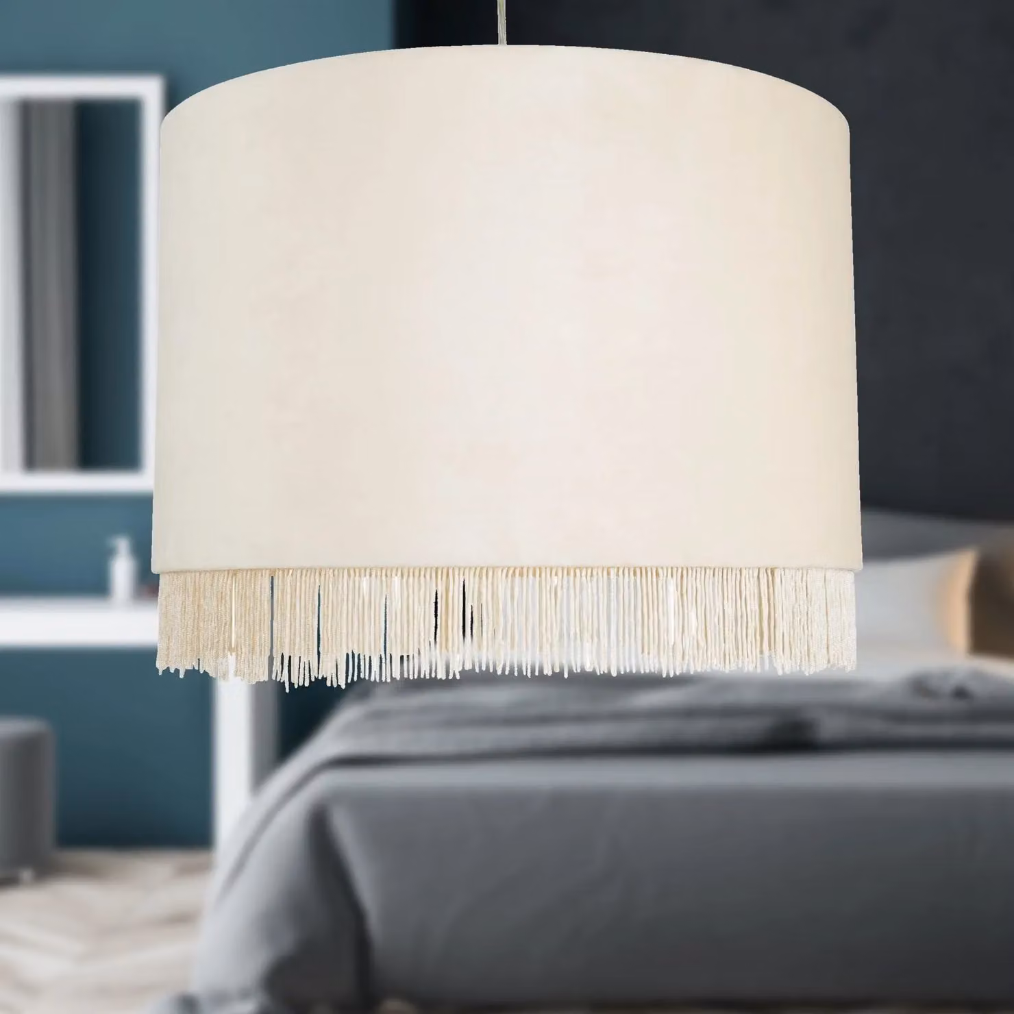 First Choice Lighting Round Fabric Easy Fit Pendant Shade in White and Blue with Silver Details, Diameter: 38 cm – 2