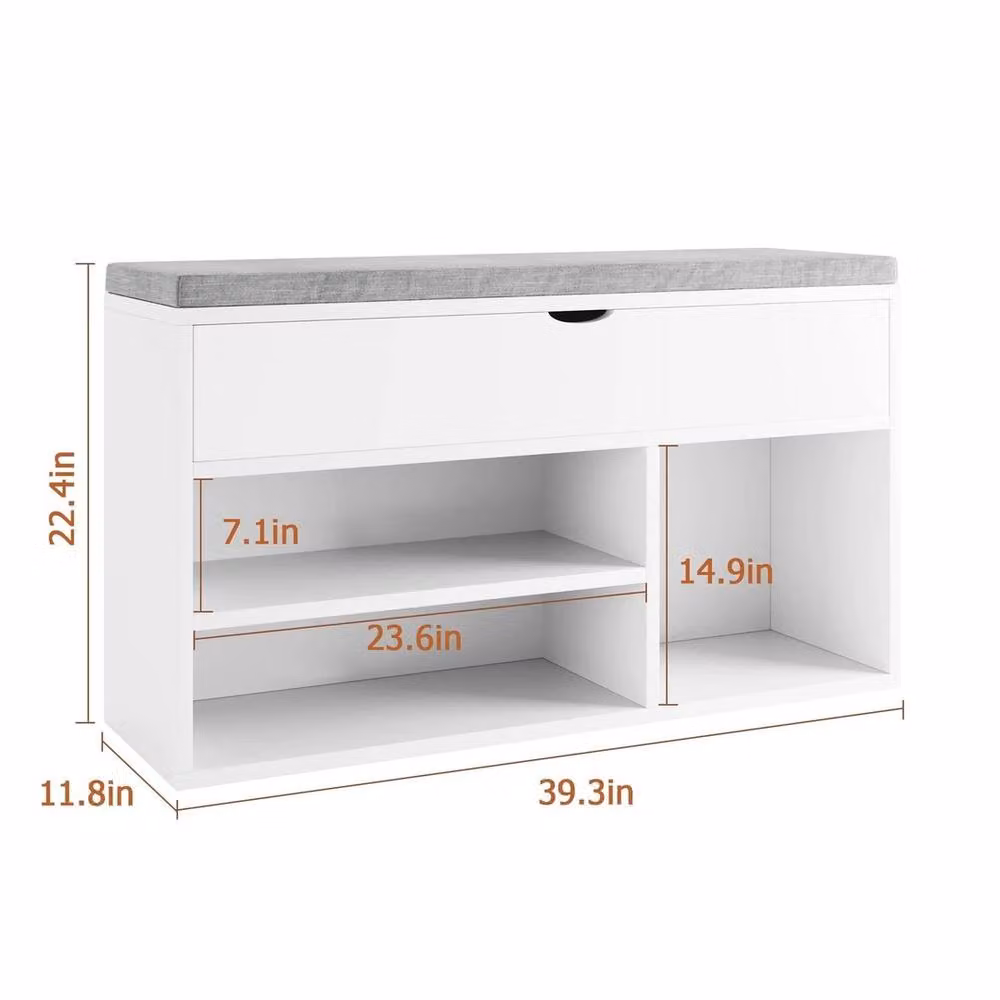VOGREX 2 Tier White Fabric Shoe Storage Bench with Flip-Open Design – 2
