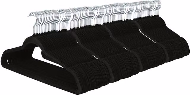 Harbour Housewares Non-Slip Velvet Flocked Space-Saving Hangers with Bar and Notches, Black, Pack of 100